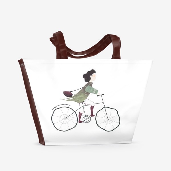 Пляжная сумка «Акварельная нарисованная вручную иллюстрация. Девушка едет на велосипеде. Милый персонаж почтальон велосипедист»