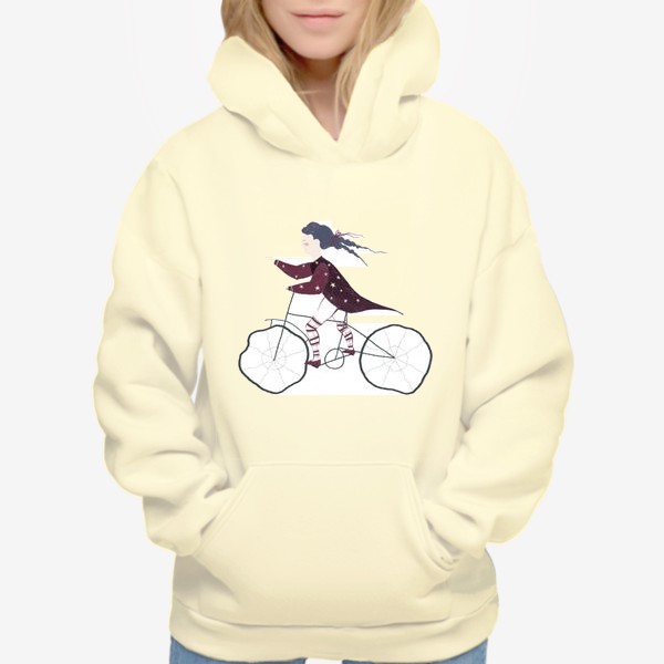 Худи «Акварельная нарисованная вручную иллюстрация. Девушка в красном плаще со звездами едет на велосипеде. Милый персонаж»