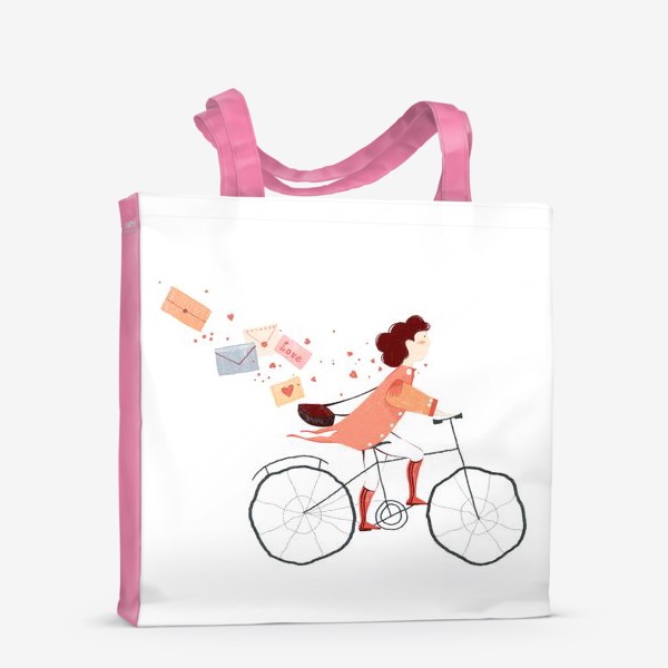 Сумка-шоппер «Акварельная нарисованная вручную иллюстрация. Девушка на велосипеде, развозит письма любви. Милый персонаж почтальон»