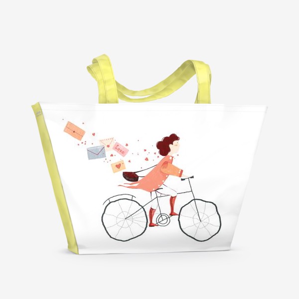 Пляжная сумка «Акварельная нарисованная вручную иллюстрация. Девушка на велосипеде, развозит письма любви. Милый персонаж почтальон»