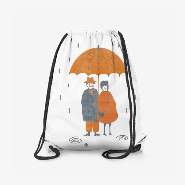 Рюкзак «Акварельная нарисованная вручную осенняя иллюстрация с влюбленной парой, стоящей под зонтом во время дождя. Лужи, дождь»