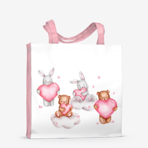 Сумка-шоппер «Зайчики и мишки с сердечками и на облаках. День всех влюбленных! 14 февраля»