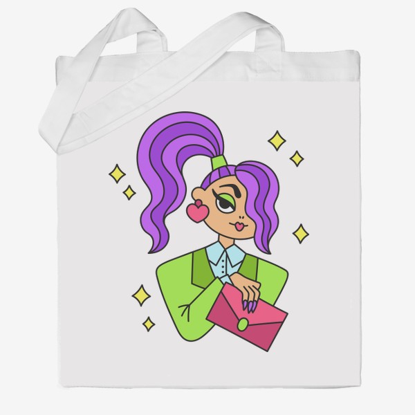 Сумка хб «Бизнес вумен. Девушка с фиолетовыми волосами в салатовом жакете»