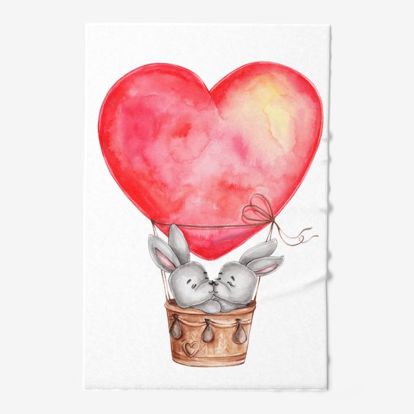Полотенце &laquo;Влюбленные зайчики летят на воздушном шаре в форме сердца. Ко Дню всех влюбленных!&raquo;