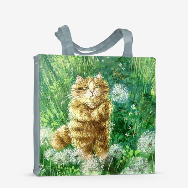 Сумка-шоппер «Милый рыжий кот на солнечном поле с одуванчиками и травами»