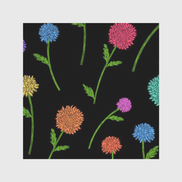 Скатерть «Разноцветные цветы хризантемы на черном. Цветочный паттерн»