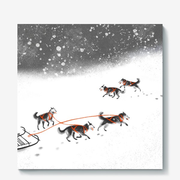 Холст &laquo;Нарисованная вручную зимняя иллюстрация с ездовыми собаками хаски на снегу&raquo;