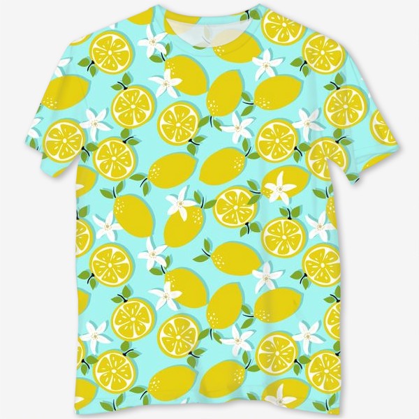 Футболка с полной запечаткой «Лимоны с цветочками. Яркий летний принт»