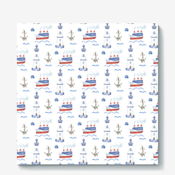 Холст «Морской акварельный принт с пароходами и маяками»