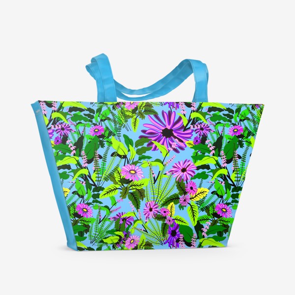 Пляжная сумка «Сиреневые цветы на голубом фоне»