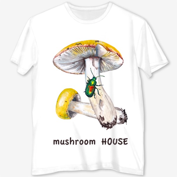 Футболка с полной запечаткой «Mushroom house Желтые лесные грибы сыроежки и зеленый жук бронзовик Грибнику в подарок »