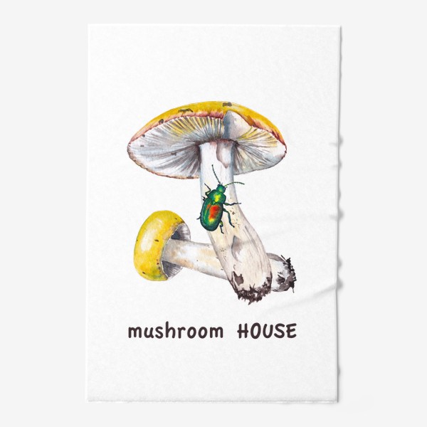 Полотенце «Mushroom house Желтые лесные грибы сыроежки и зеленый жук бронзовик Грибнику в подарок »