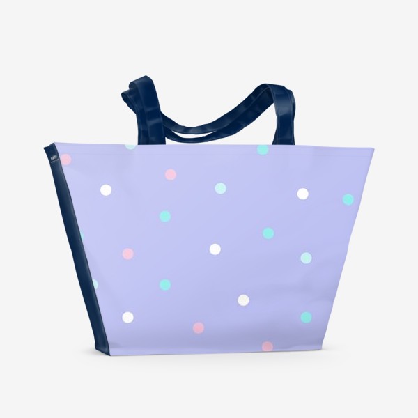 Пляжная сумка «Милый светлый волшебный принт в точку, розовые белые и голубые кружки на фиолетовом фоне»
