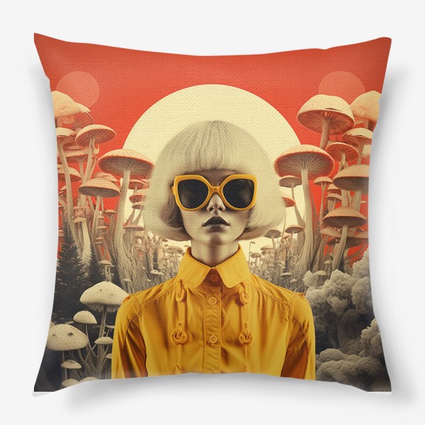 Подушка «Коллаж - девушка в желтом, грибы, закат и природа»