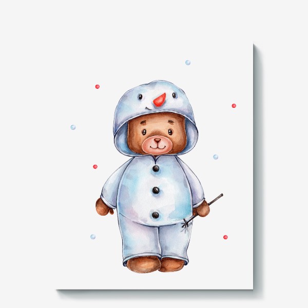 Холст «Акварельный мишка в костюме снеговика»