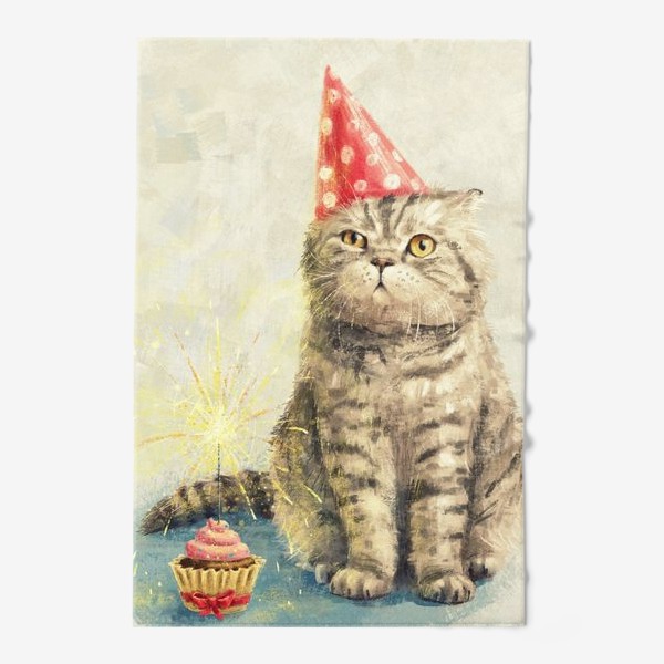 Полотенце &laquo;День рождения кота, недовольный полосатый британец с праздничным кексом. Забавная прикольная открытка, смешной котик&raquo;