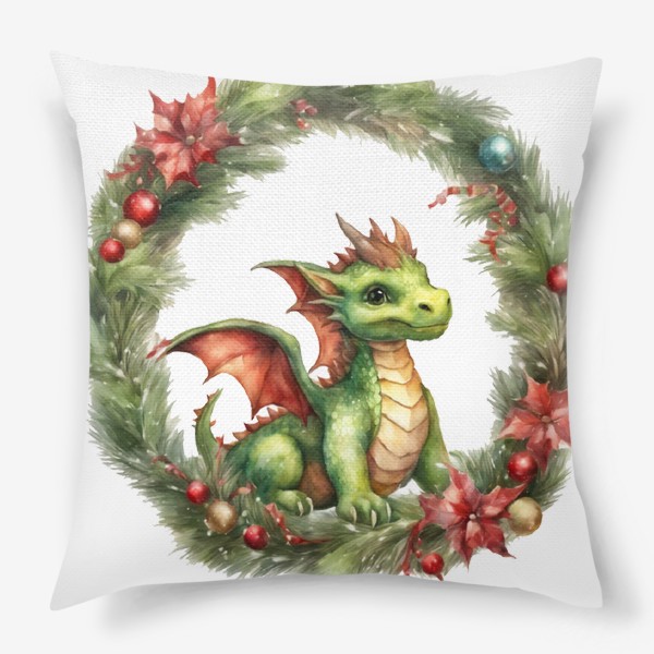 Подушка «Зеленый дракончик в рождественком венке, акварель. Новый год 2024»