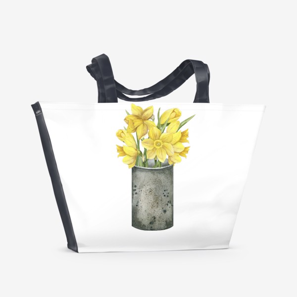 Пляжная сумка «Акварельные желтые нарциссы в жестяной банке ,логотип для цветочного магазина»