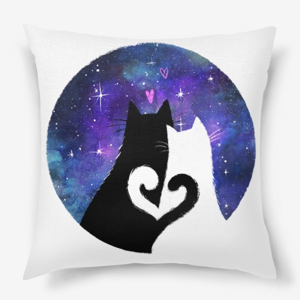 Подушка «Влюбленные котики смотрят на звездное небо, ночь, космос, любовь и сердечки, черный кот и белая кошка»