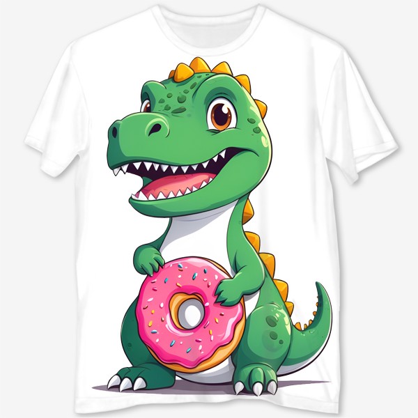 Футболка с полной запечаткой «Милый мультяшный динозавр с пончиком»