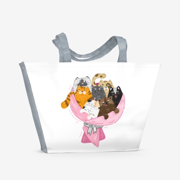 Пляжная сумка «Букет из котиков вместо цветов, прикольный подарок на праздник, смешные коты, милые животные»