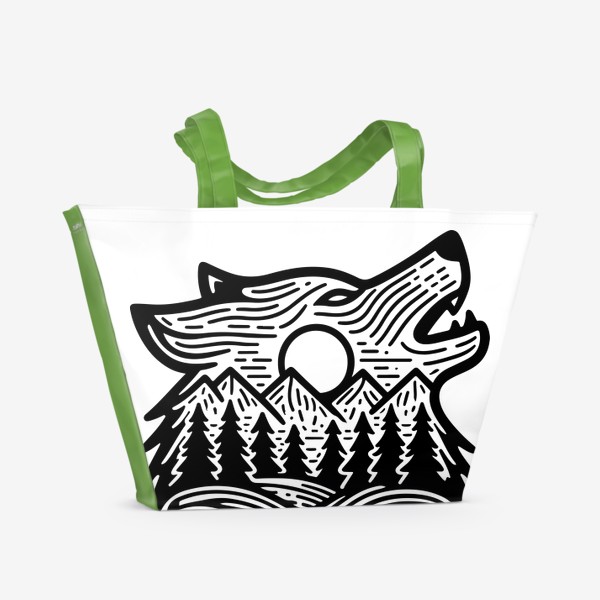 Пляжная сумка «Голова воющего волка и горы»