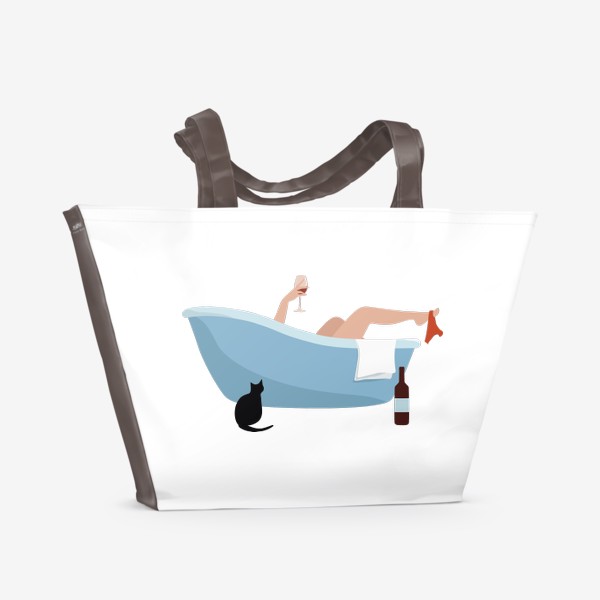 Пляжная сумка «Девушка с вином и котом принимает ванну, забавный принт»