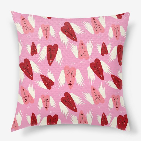 Подушка «розовый паттерн с сердцами ангелочками»