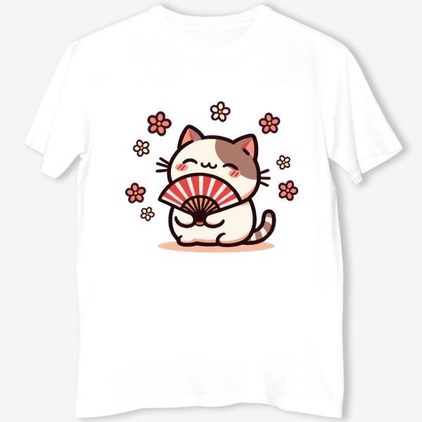 Футболка «Забавный милый котик с веером японский стиль, лето жара»