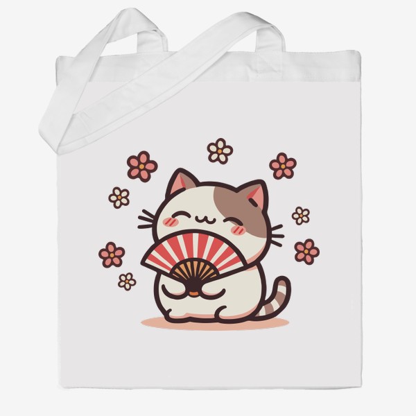 Сумка хб «Забавный милый котик с веером японский стиль, лето жара»