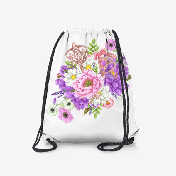 Рюкзак «Букет акварельных цветов с винтажными ажурными ключами.»