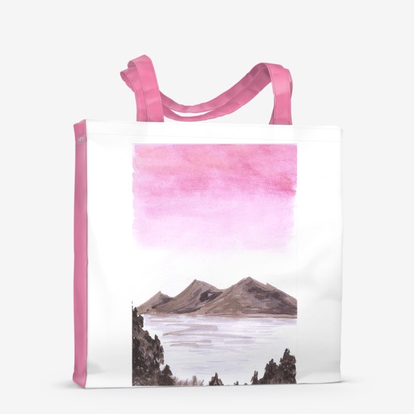 Сумка-шоппер «Акварельный пейзаж розовый закат у горного озера.»