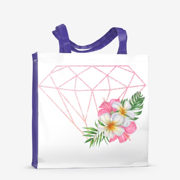 Сумка-шоппер «Розовый блестящий принт с кристаллом, тропическими цветами и листьями»