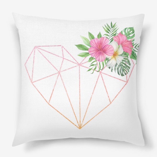 Подушка «Розовый блестящий принт с кристаллом, тропическими цветами и листьями»