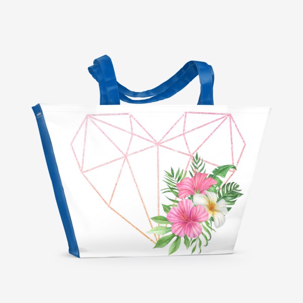 Пляжная сумка «Розовый блестящий принт с кристаллом, тропическими цветами и листьями»