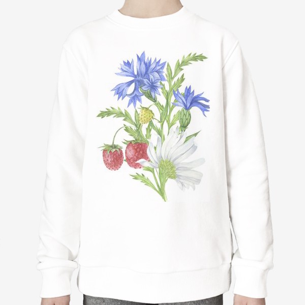Свитшот «Летний принт с полевыми цветами - васильками, ромашками и земляникой»