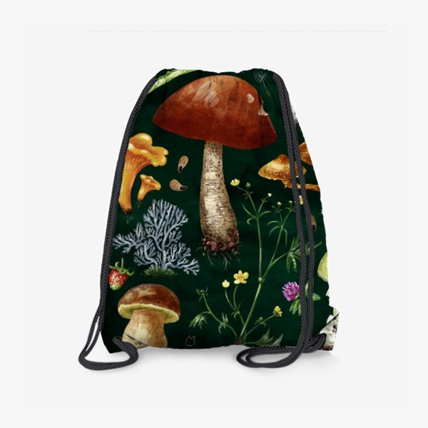 Рюкзак «Разные лесные грибы, цветы, травы, летние растения, природа, ботаническая иллюстрация, гербарий, растительный принт»