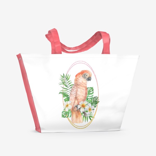 Пляжная сумка «Тропический летний принт с попугаем, экзотическими листьями и цветами»