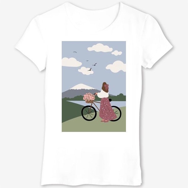 Футболка «девушка с велосипедом у горы Фудзи»