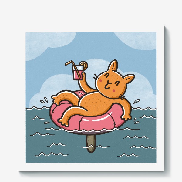 Холст «Милый кот отдыхает на море. Коктейль. Отпуск»