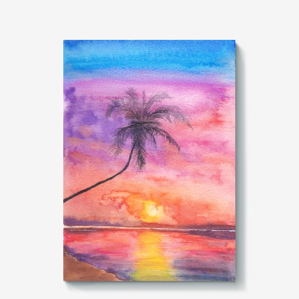 Холст «Закат на океане. Пейзаж, пальма, море, пляж, небо»