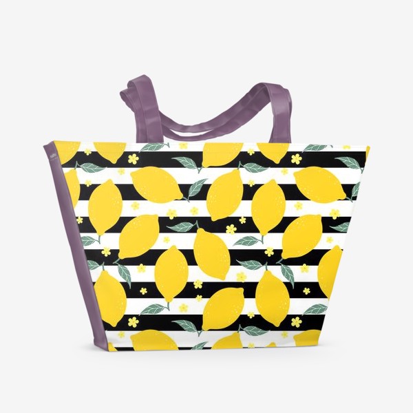 Пляжная сумка «Лимонный-полосатый с цветами»