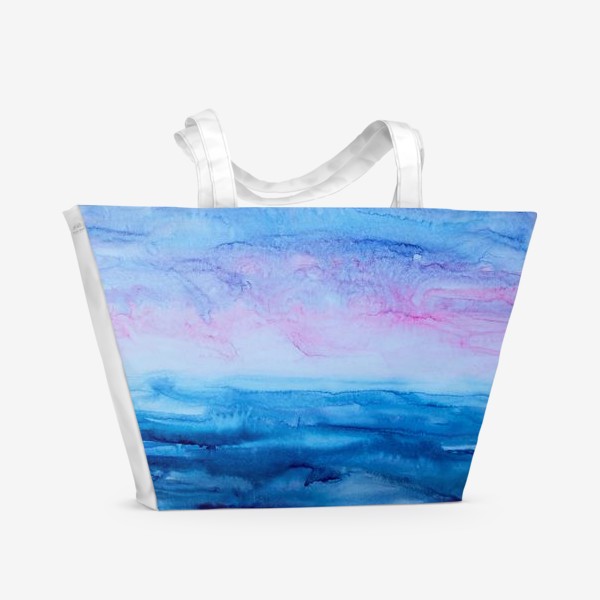 Пляжная сумка «Закат на море. Абстракция, современная акварель, жидкая техника, голубой и розовый цвета, волны, небо, лето»