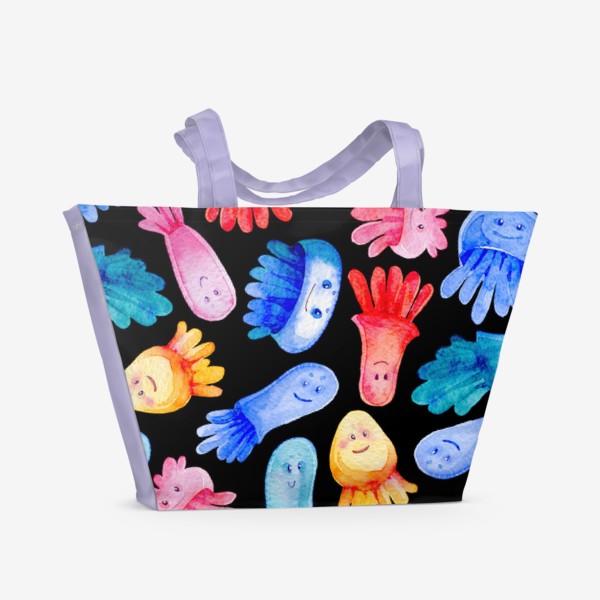 Пляжная сумка «Веселые медузы на черном»