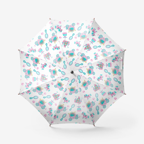 Зонт «Сказочный бесшовный паттерн, в розово-голубой гамме на белом фоне. Карета и платье принцессы»