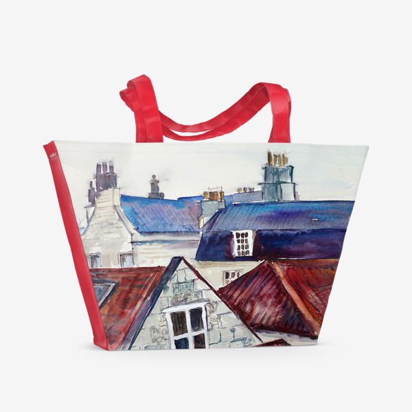 Пляжная сумка «Акварельное изображение крыш домов, старая черепица и дымоходы»