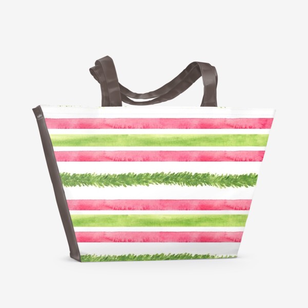 Пляжная сумка &laquo;Новогодний акварельный принт в зеленую и красную полоску  и еловая ветвь&raquo;