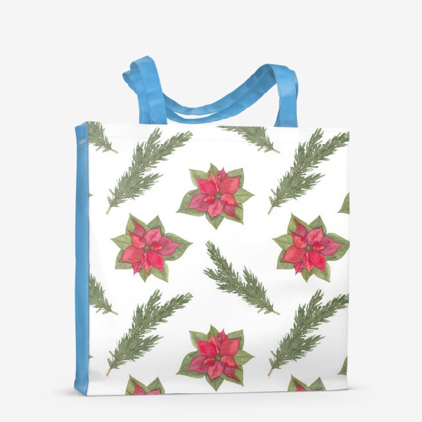 Сумка-шоппер «Пуансеттия (рождественская звезда), красный зимний цветок и ветки новогодней ели. Акварельный паттерн на белом фоне»