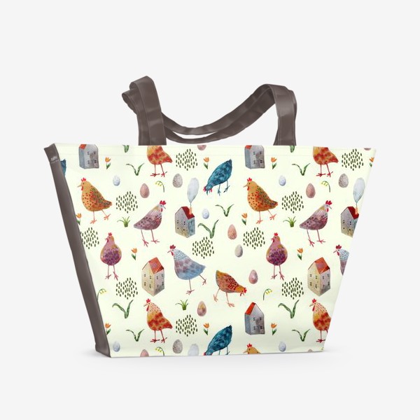 Пляжная сумка «Куры акварельные, домики, яйца и цветы»