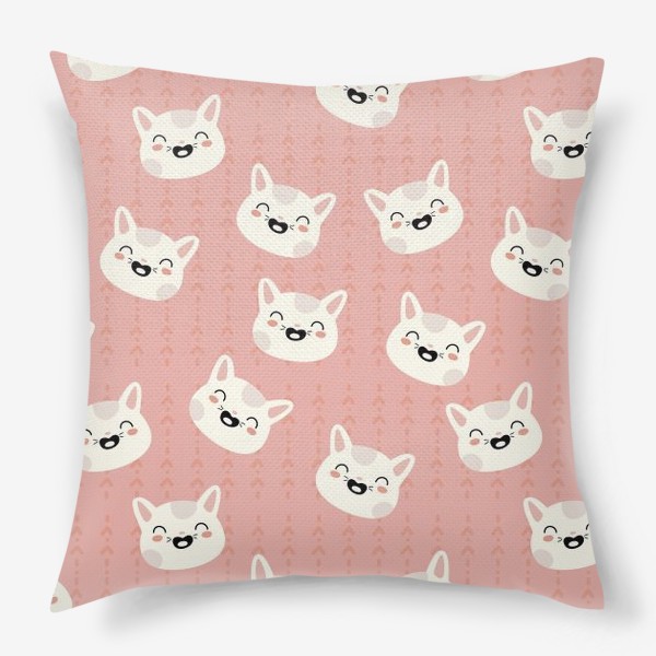 Подушка «паттерн белые мордочки кошек на розовом фоне »